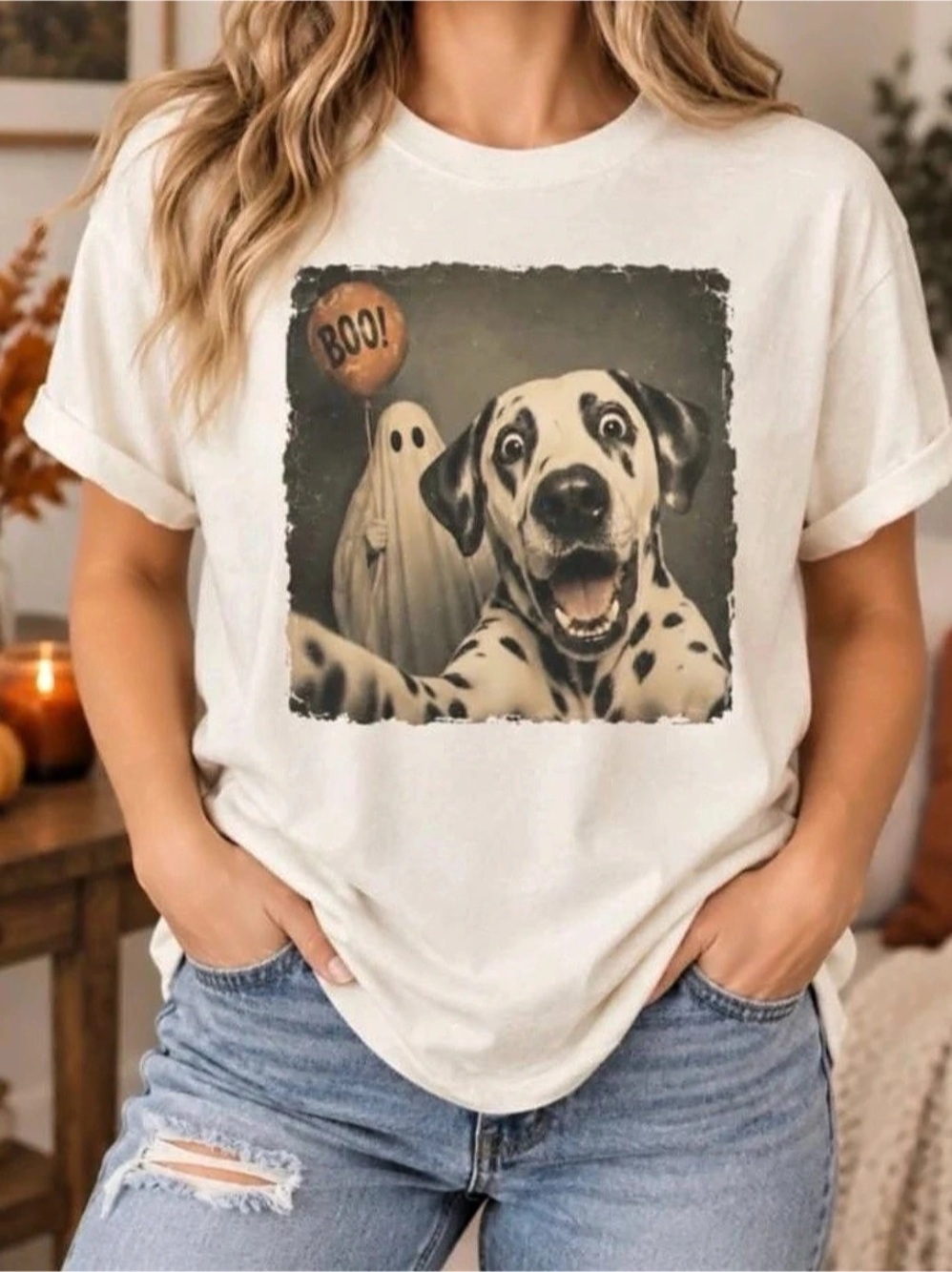 Funny Dog And Ghost Halloween Tee in White